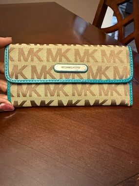 Michael Kors Beige Signature MK Wallet with Turquoise Trim